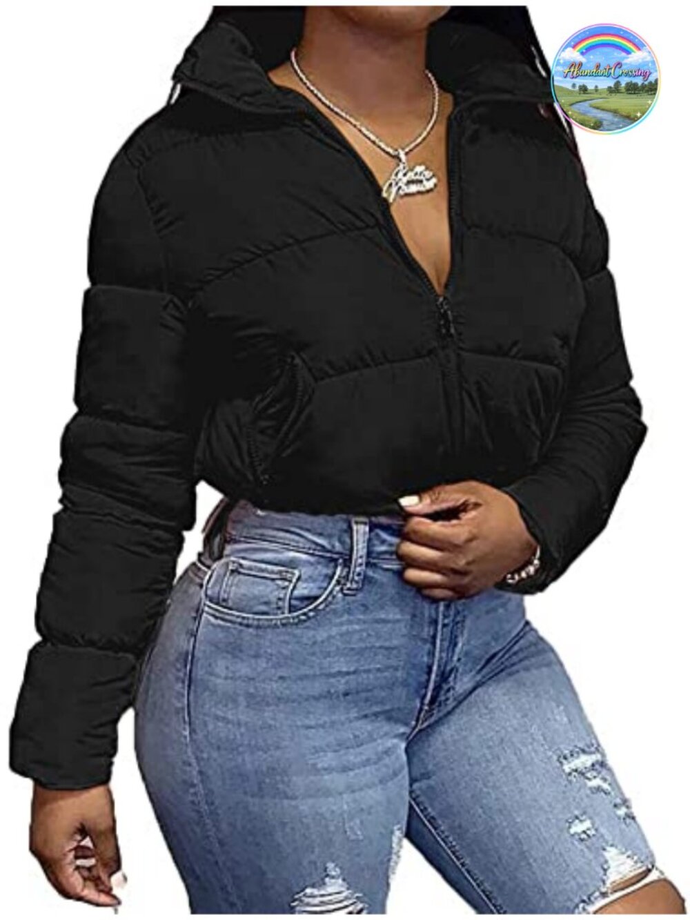 Womens Cropped Quilted Jacket Zip Up Warm Coat Stand Collar Drawstring